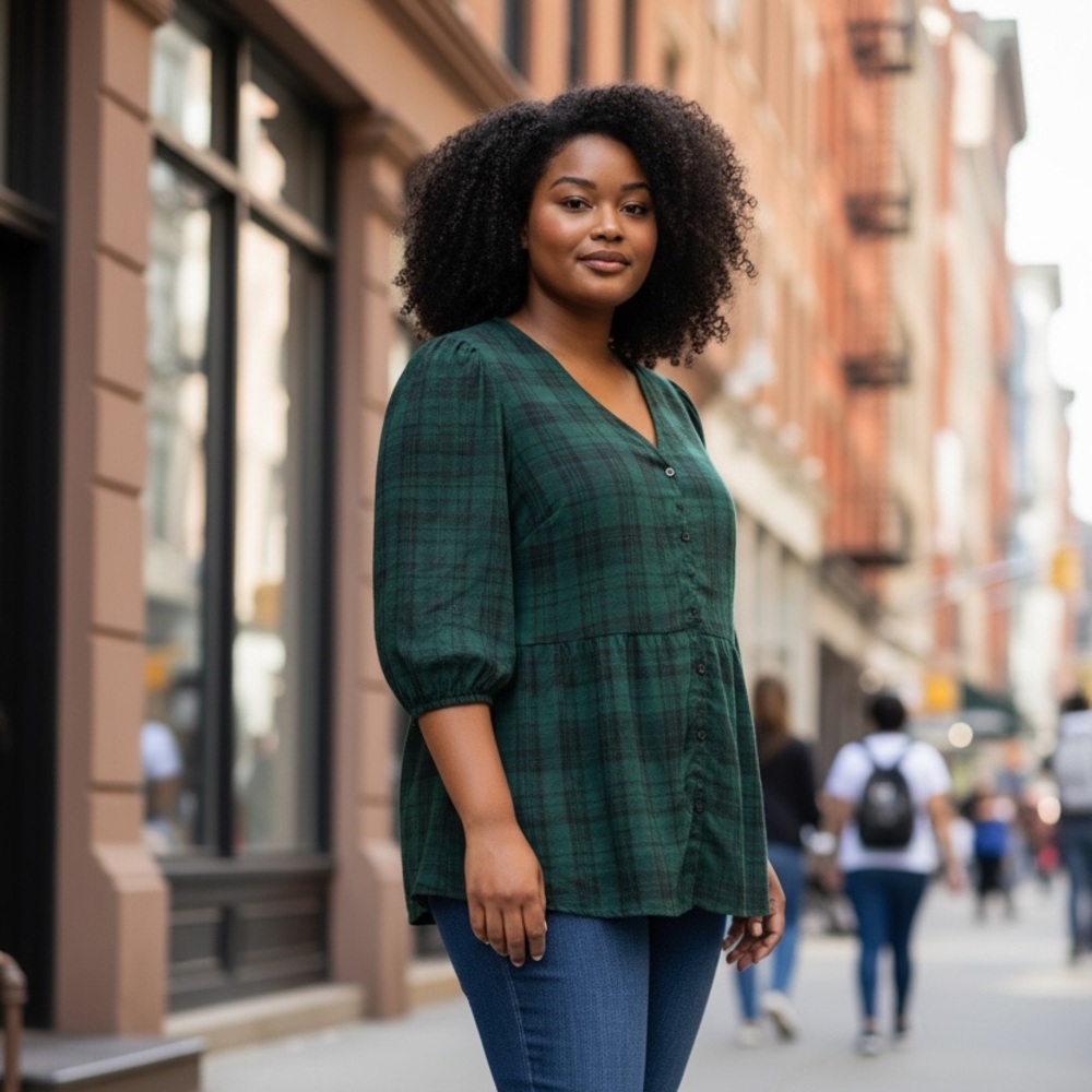 torrid Green Plaid V-Neck Peplum Button-Front Top
